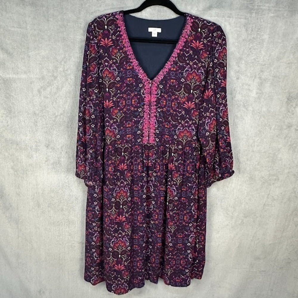 J Jill Dress Womens Large Purple Floral Embroidered Preppy Modest Peasant V Neck - Picture 2 of 14